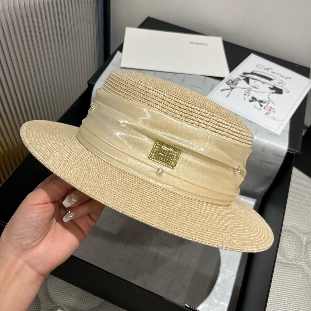 MIUMIU STRAW HAT IN LIGHT BEIGE WITH RHINESTONE EMBELLISHED