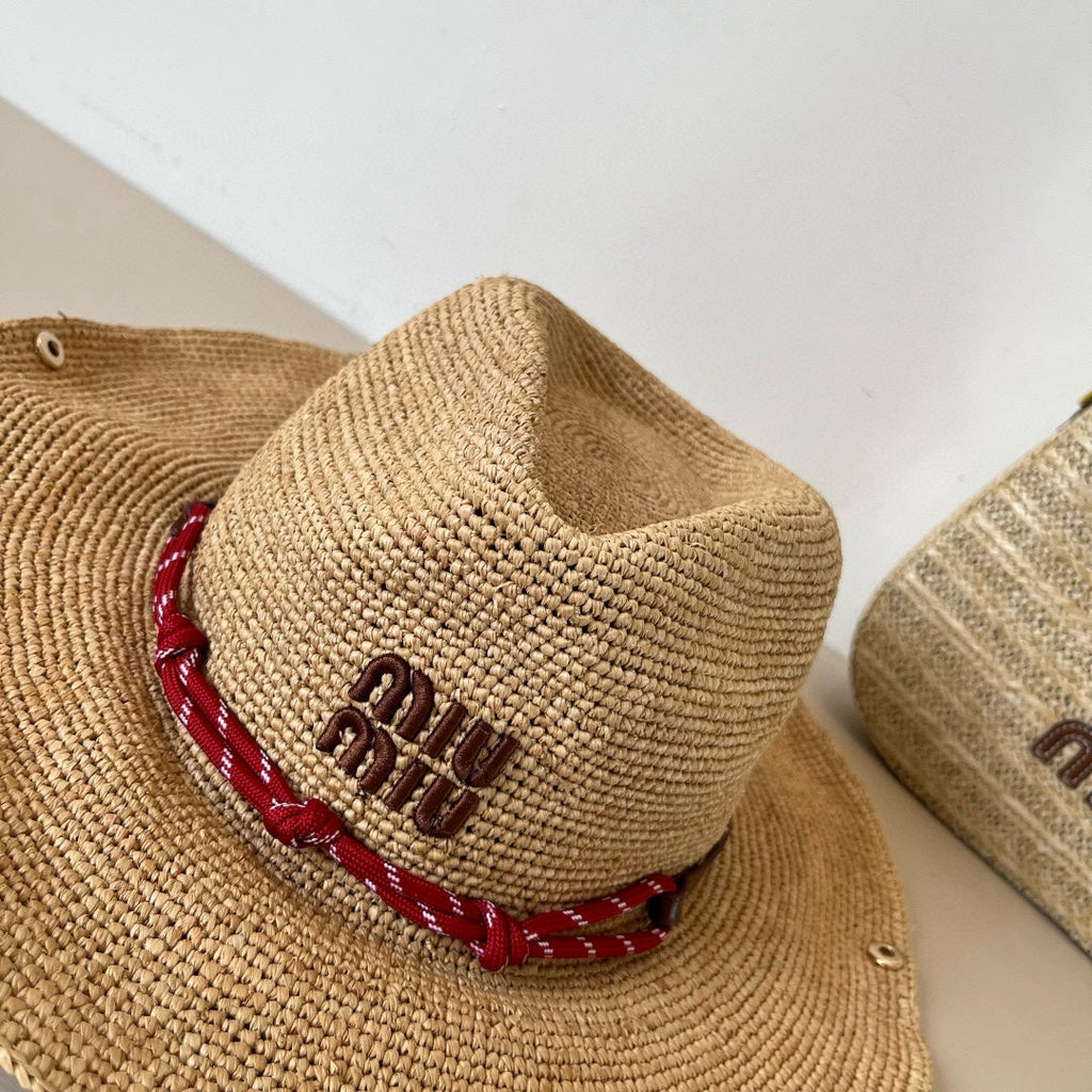 MIUMIU RAFFIA STRAW HAT WITH A RED WOVEN BAND
