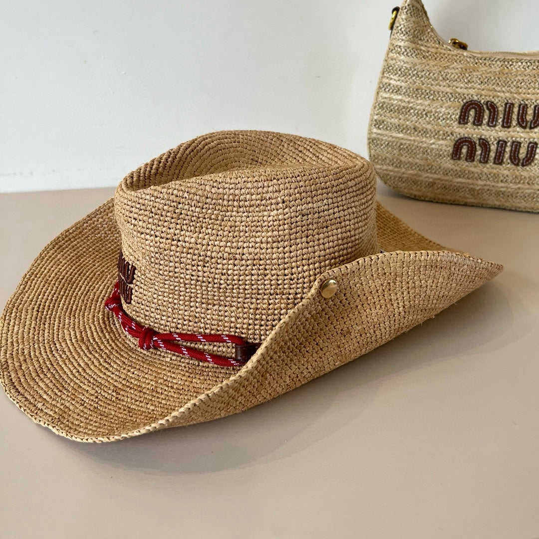 MIUMIU RAFFIA STRAW HAT WITH A RED WOVEN BAND