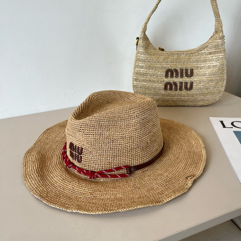 MIUMIU RAFFIA STRAW HAT WITH A RED WOVEN BAND