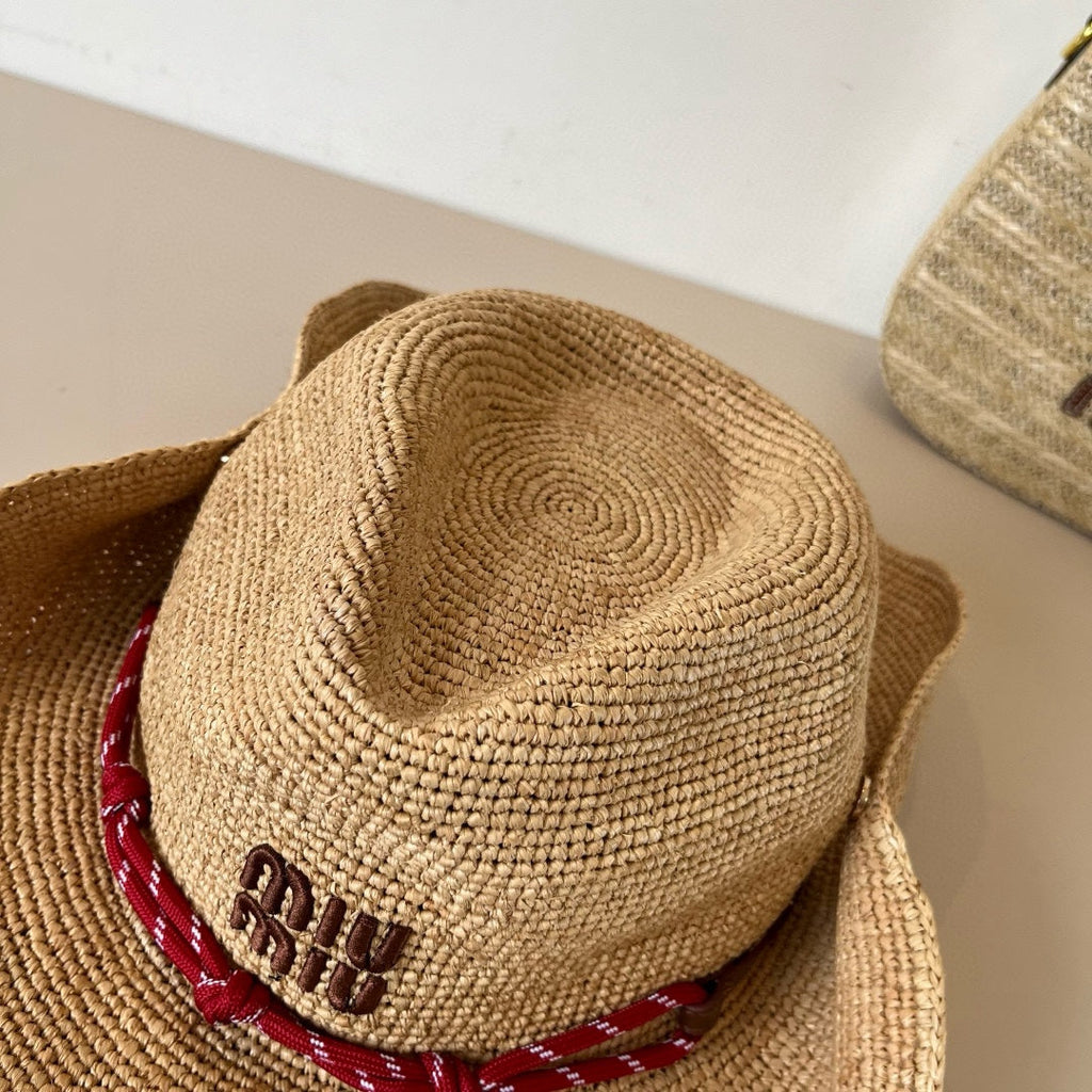 MIUMIU RAFFIA STRAW HAT WITH A RED WOVEN BAND