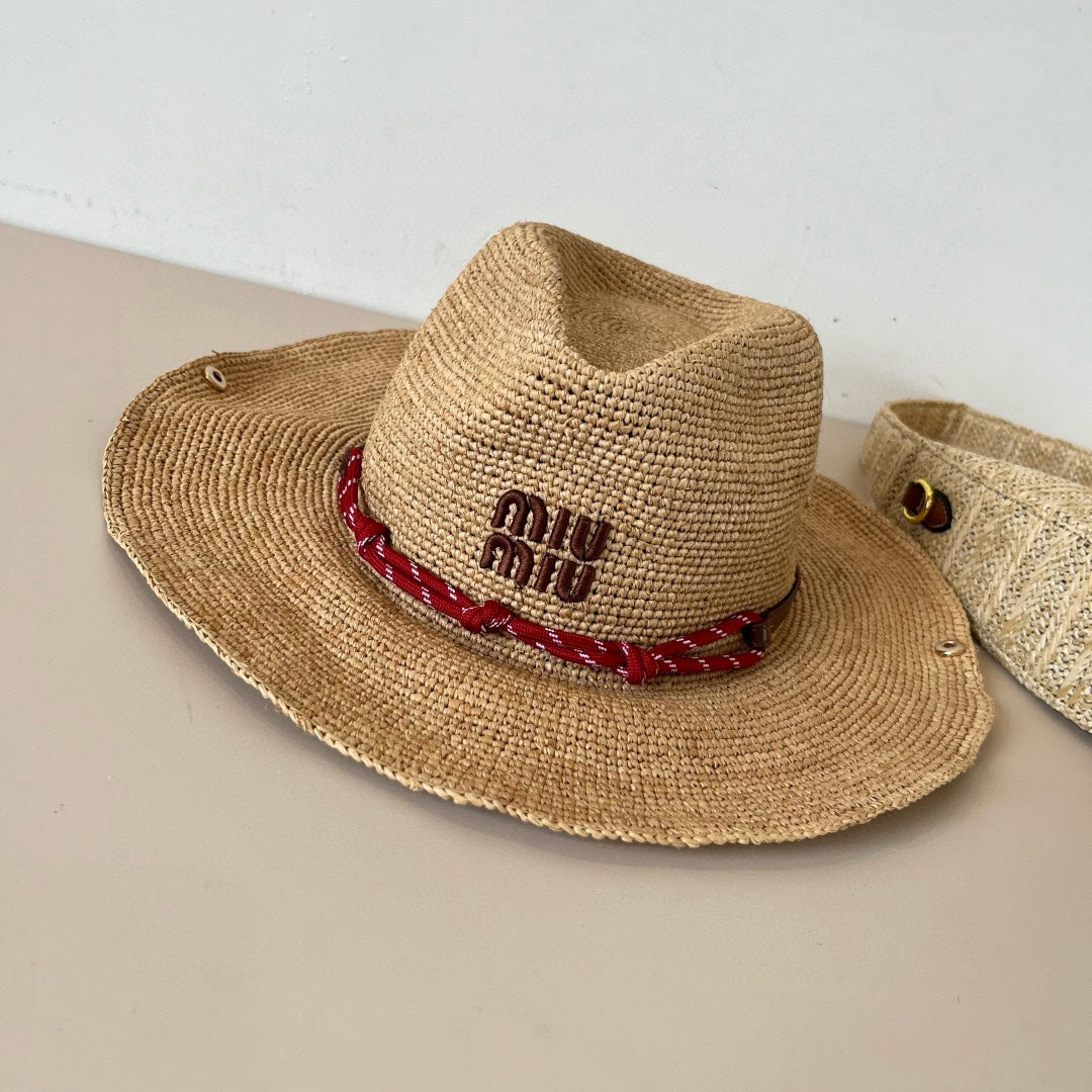 MIUMIU RAFFIA STRAW HAT WITH A RED WOVEN BAND