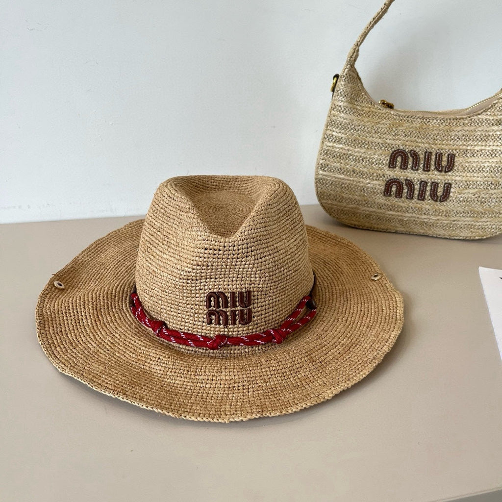 MIUMIU RAFFIA STRAW HAT WITH A RED WOVEN BAND