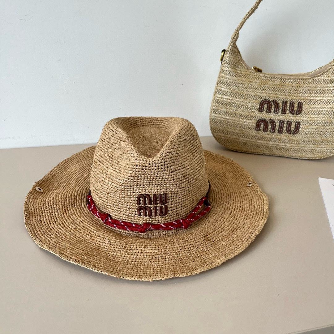 MIUMIU RAFFIA STRAW HAT WITH A RED WOVEN BAND
