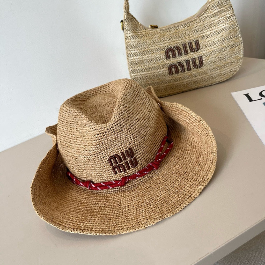 MIUMIU RAFFIA STRAW HAT WITH A RED WOVEN BAND
