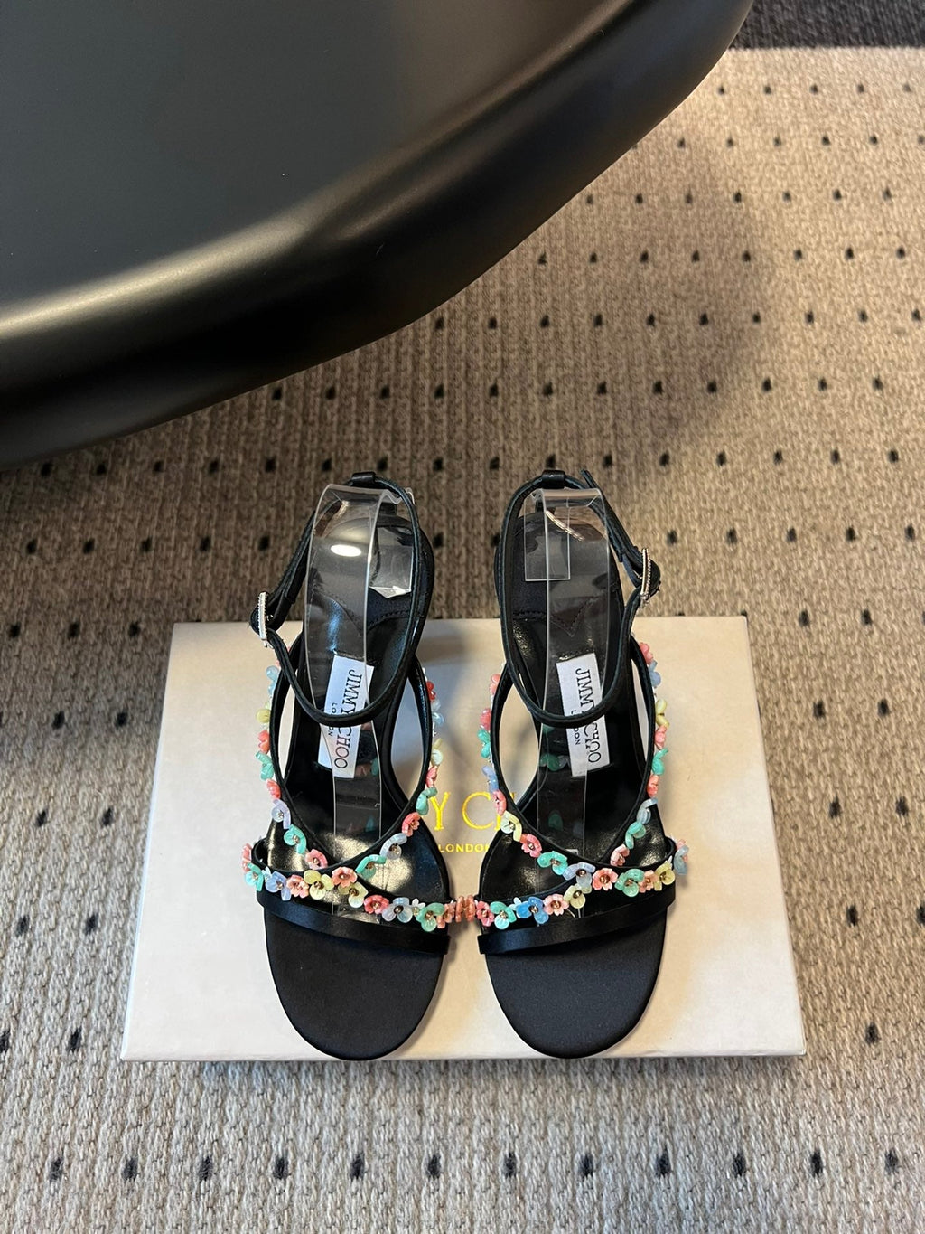 JIMMY CHOO 26S FLORAL HEEL SANDALS 85 MM IN BLACK SATIN AND LAMBSKIN