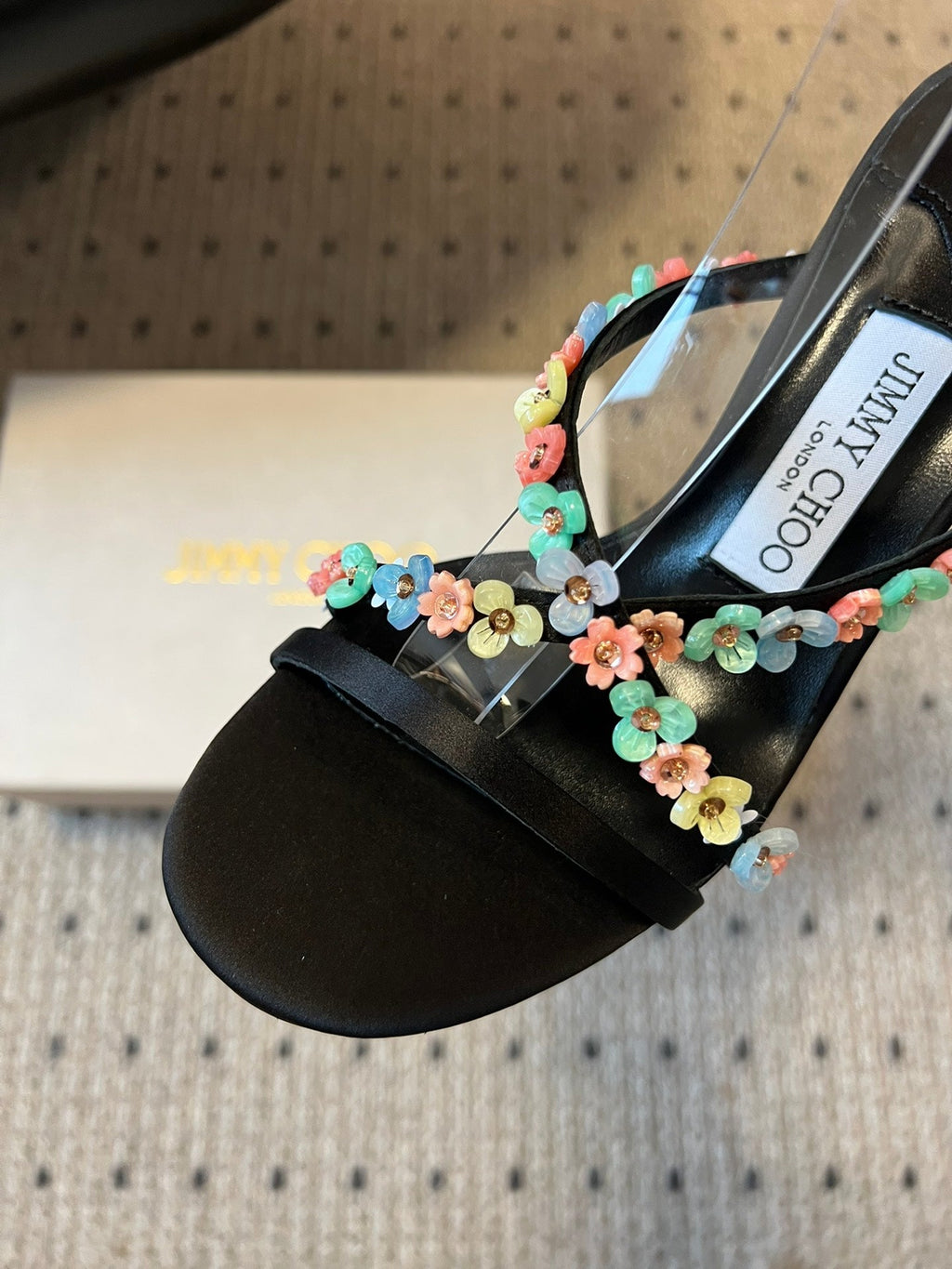JIMMY CHOO 26S FLORAL HEEL SANDALS 85 MM IN BLACK SATIN AND LAMBSKIN