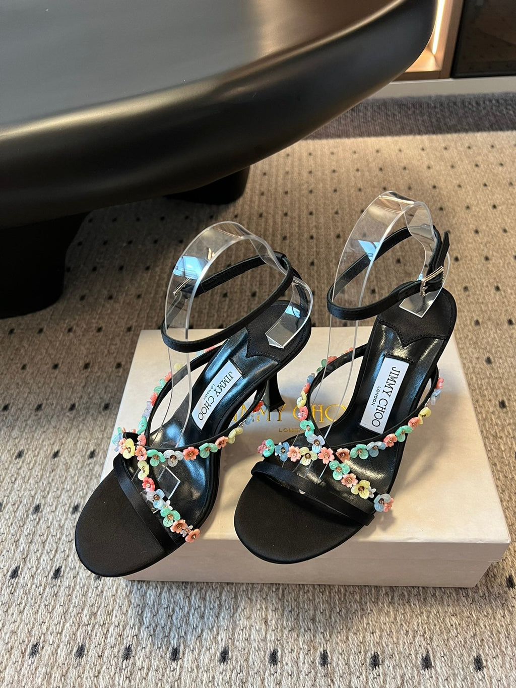 JIMMY CHOO 26S FLORAL HEEL SANDALS 85 MM IN BLACK SATIN AND LAMBSKIN