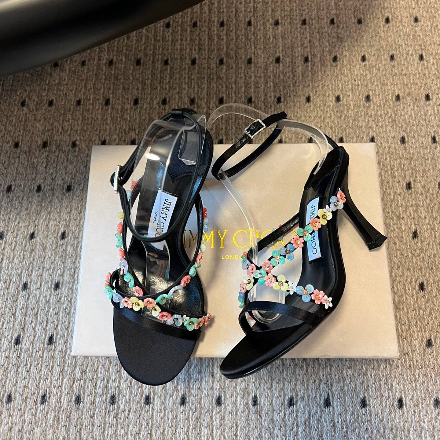 JIMMY CHOO 26S FLORAL HEEL SANDALS 85 MM IN BLACK SATIN AND LAMBSKIN