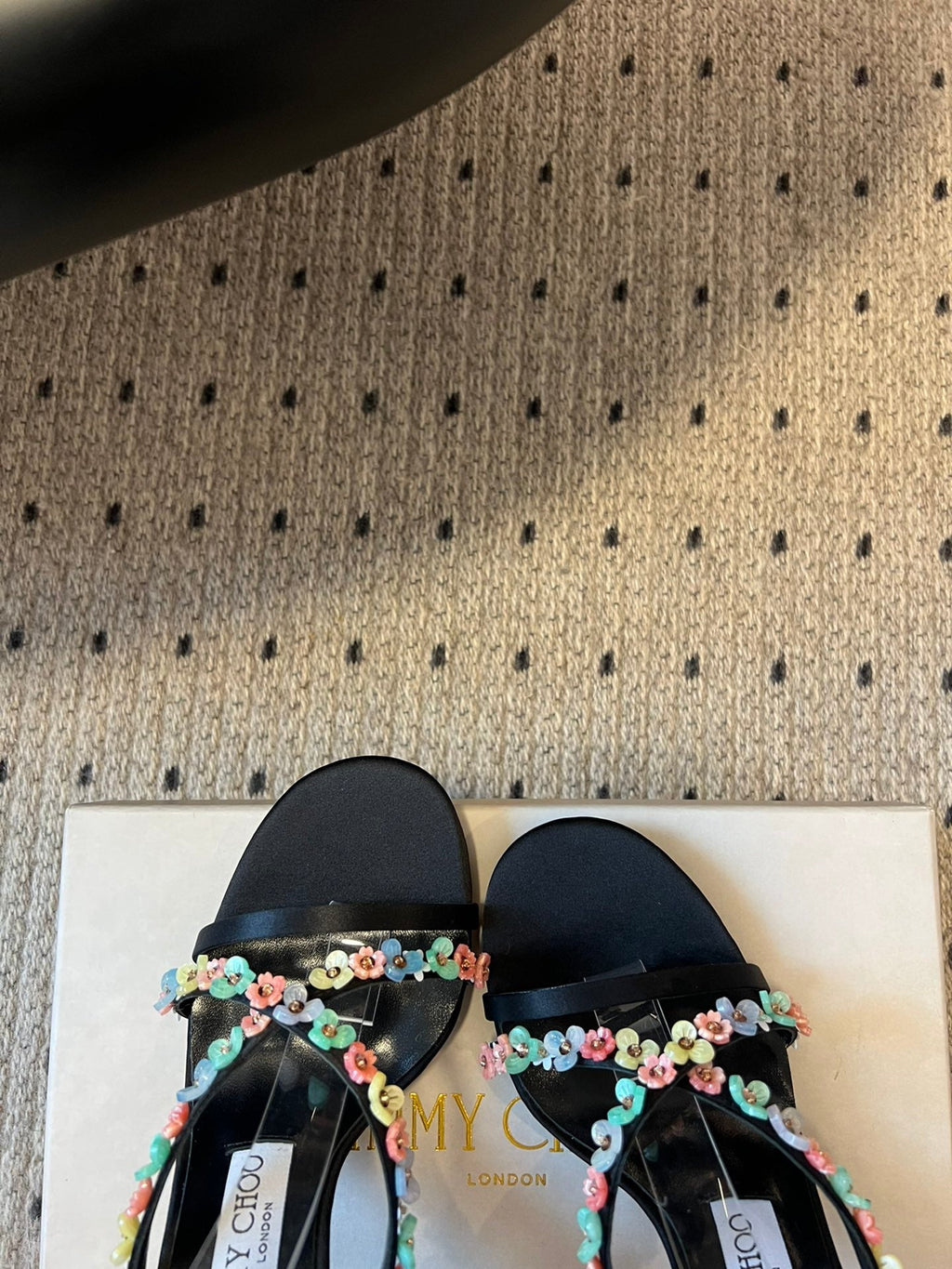JIMMY CHOO 26S FLORAL HEEL SANDALS 85 MM IN BLACK SATIN AND LAMBSKIN