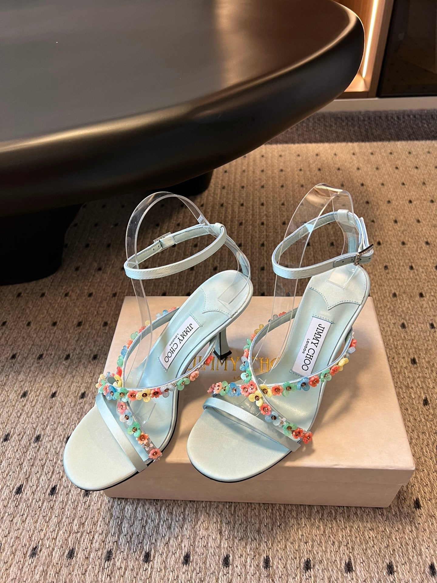 JIMMY CHOO 26S FLORAL HEEL SANDALS 85 MM IN PASTEL BLUE SATIN AND LAMBSKIN