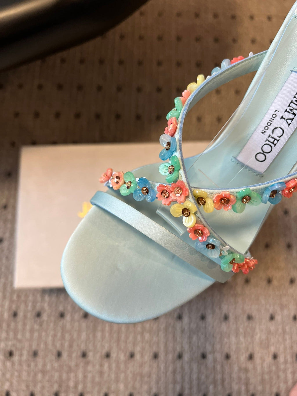 JIMMY CHOO 26S FLORAL HEEL SANDALS 85 MM IN PASTEL BLUE SATIN AND LAMBSKIN