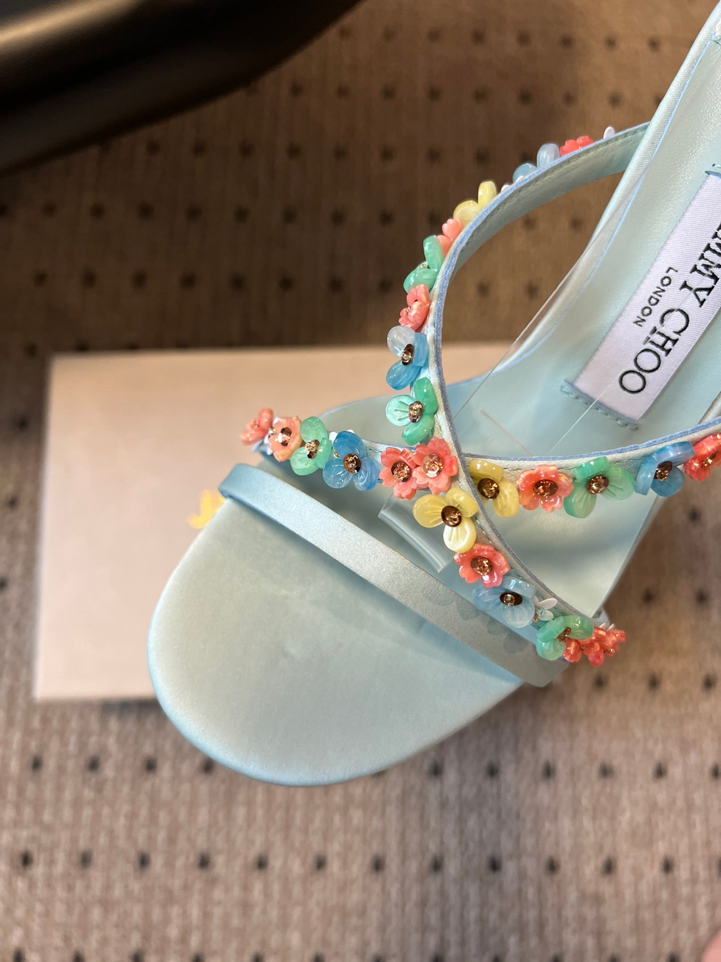JIMMY CHOO 26S FLORAL HEEL SANDALS 85 MM IN PASTEL BLUE SATIN AND LAMBSKIN