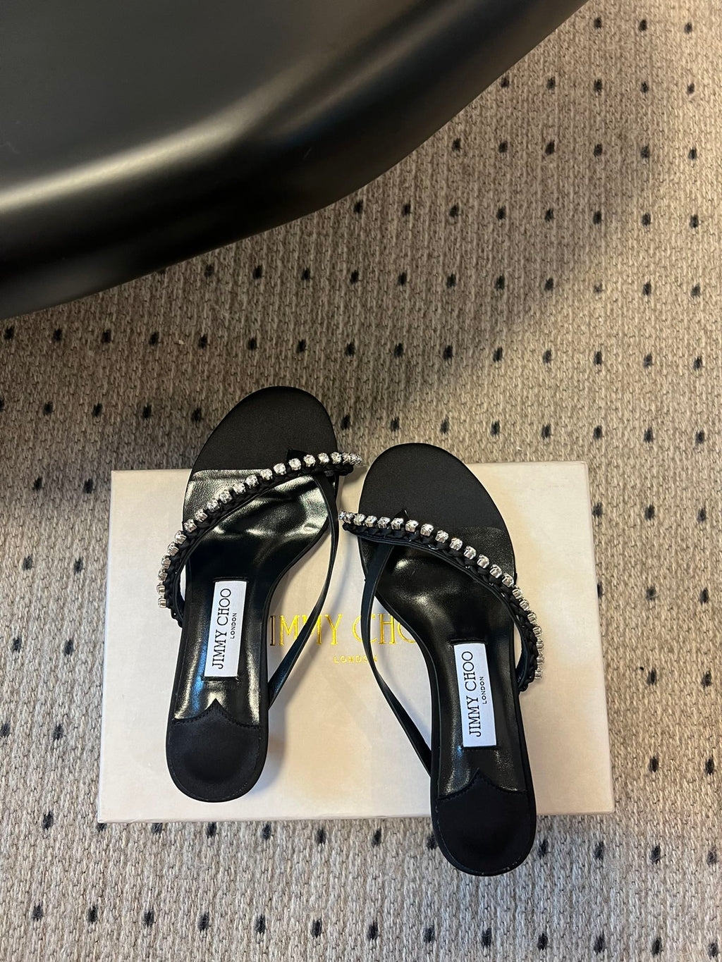 JIMMY CHOO 26S CRYSTAL THONG SANDALS 45 MM IN BLACK LAMBSKIN