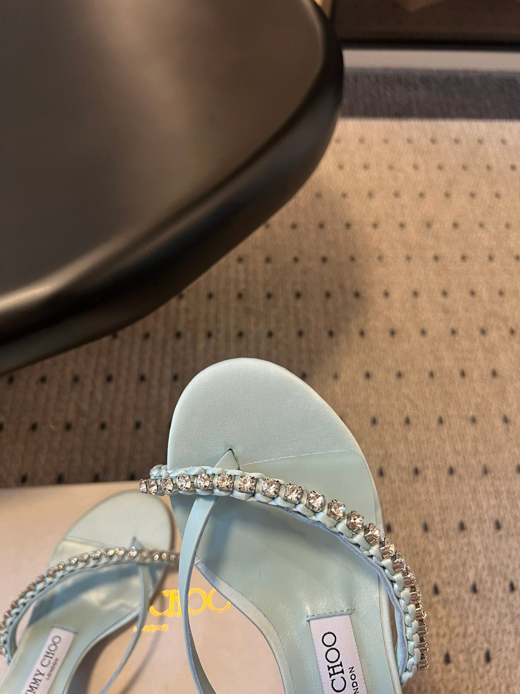JIMMY CHOO 26S CRYSTAL THONG SANDALS 45 MM IN PASTEL BLUE SATIN AND LAMBSKIN