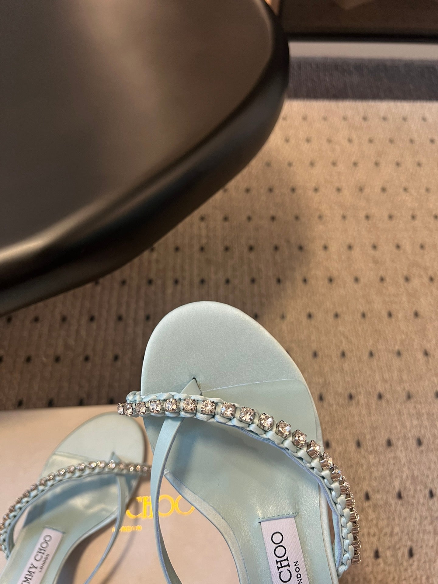 JIMMY CHOO 26S CRYSTAL THONG SANDALS 45 MM IN PASTEL BLUE SATIN AND LAMBSKIN