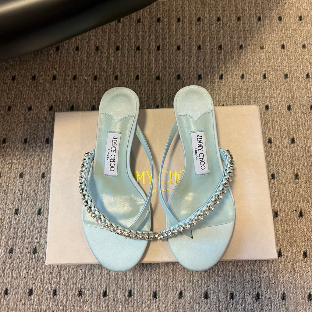 JIMMY CHOO 26S CRYSTAL THONG SANDALS 45 MM IN PASTEL BLUE SATIN AND LAMBSKIN