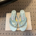 JIMMY CHOO 26S CRYSTAL THONG SANDALS 45 MM IN PASTEL BLUE SATIN AND LAMBSKIN