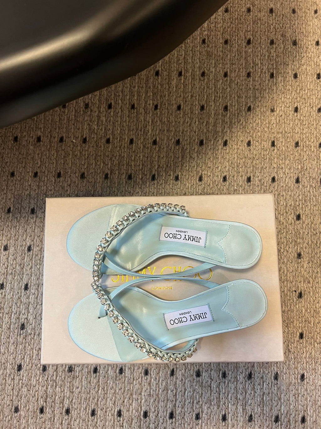JIMMY CHOO 26S CRYSTAL THONG SANDALS 45 MM IN PASTEL BLUE SATIN AND LAMBSKIN