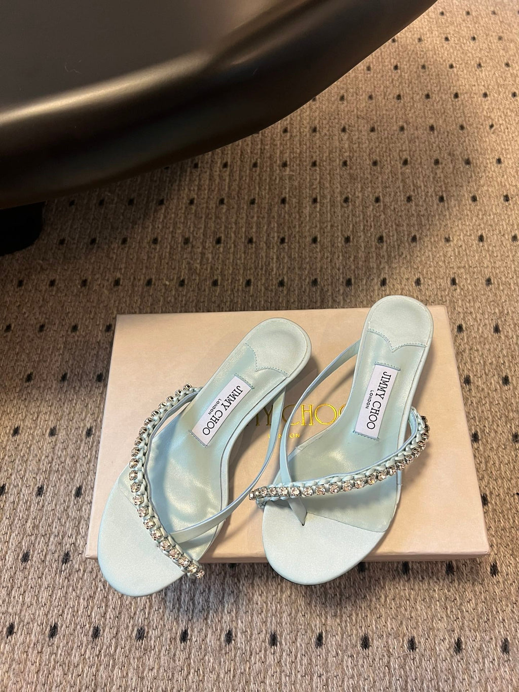 JIMMY CHOO 26S CRYSTAL THONG SANDALS 45 MM IN PASTEL BLUE SATIN AND LAMBSKIN
