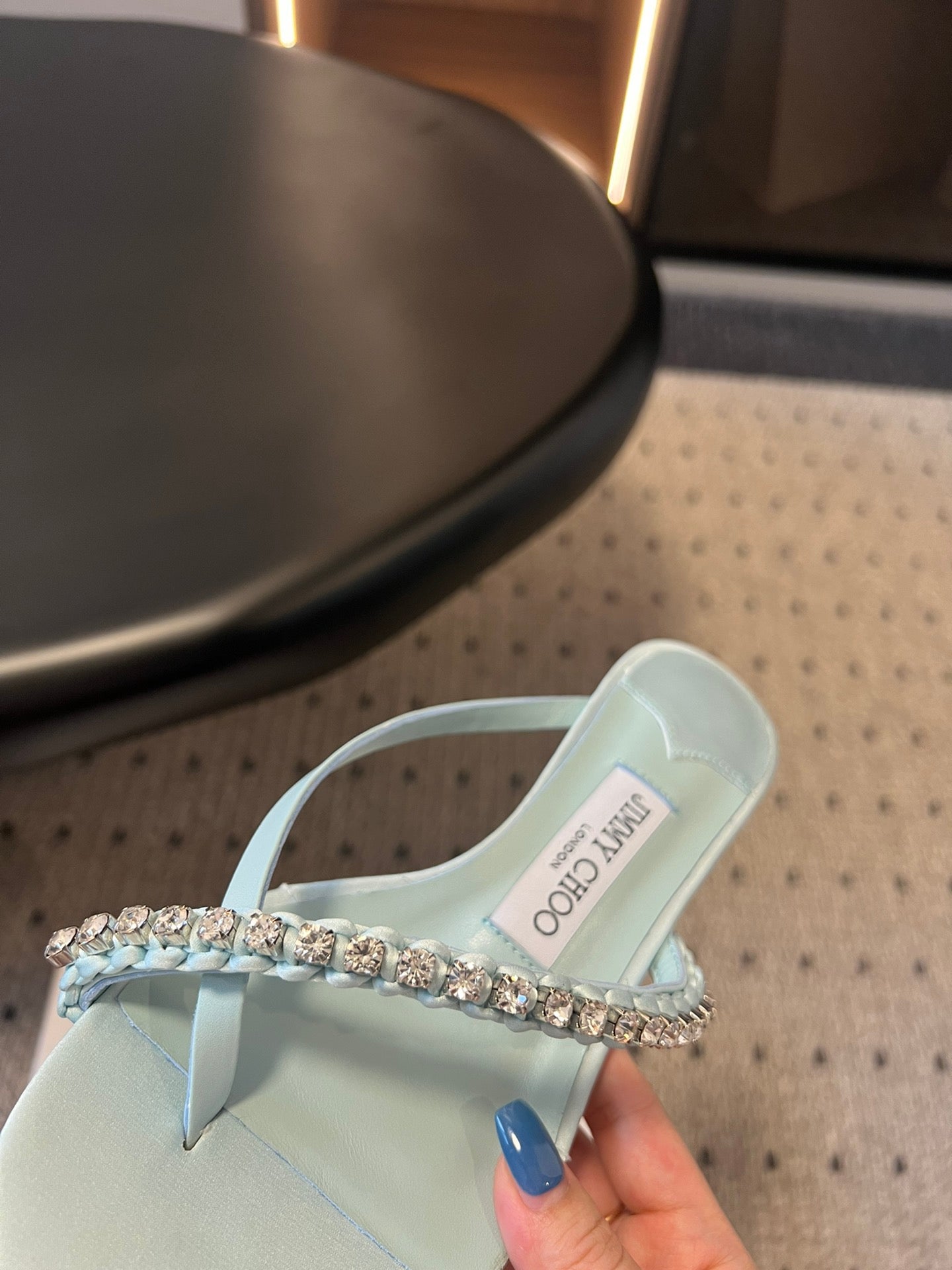 JIMMY CHOO 26S CRYSTAL THONG SANDALS 45 MM IN PASTEL BLUE SATIN AND LAMBSKIN