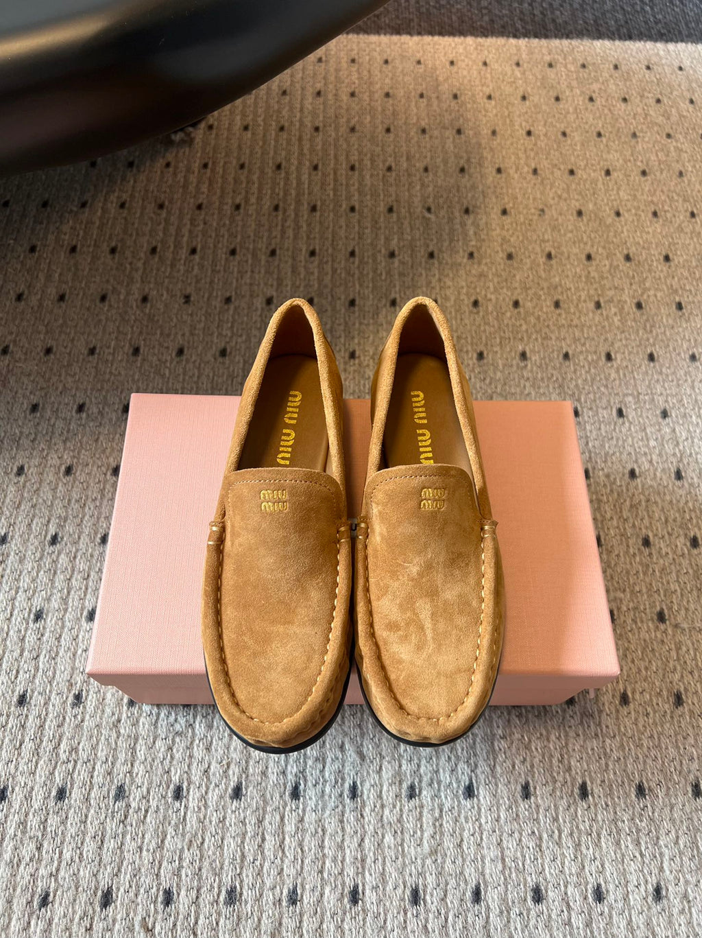 MIUMIU 26S LOAFERS IN TAN BROWN SUEDE