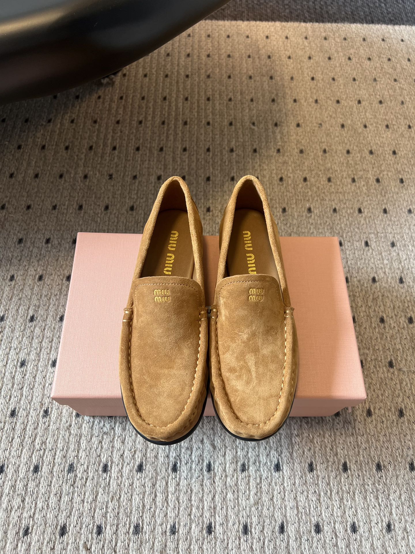 MIUMIU 26S LOAFERS IN TAN BROWN SUEDE