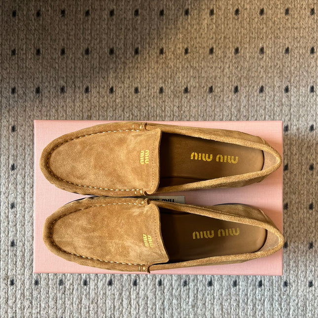 MIUMIU 26S LOAFERS IN TAN BROWN SUEDE
