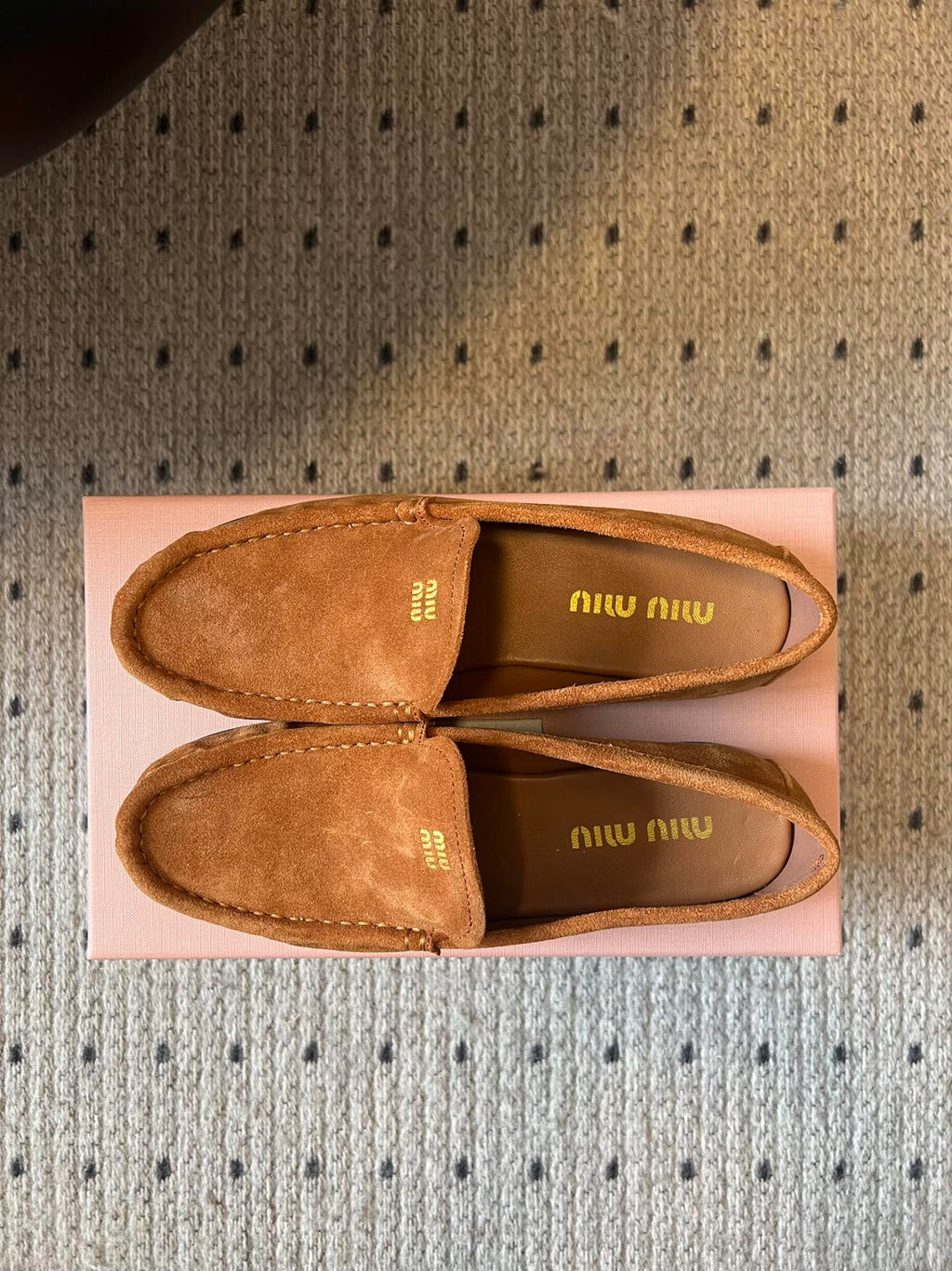 MIUMIU 26S LOAFERS IN CARAMEL BROWN SUEDE