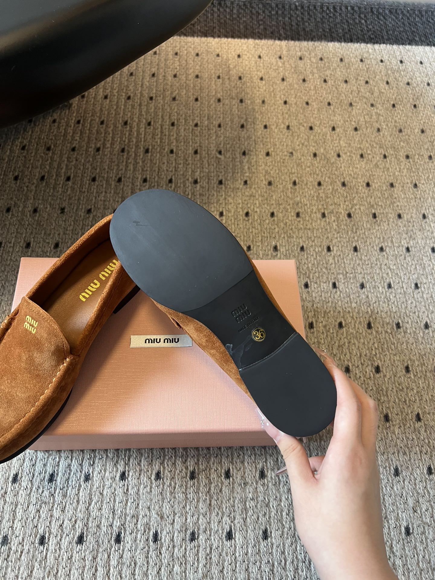 MIUMIU 26S LOAFERS IN CARAMEL BROWN SUEDE