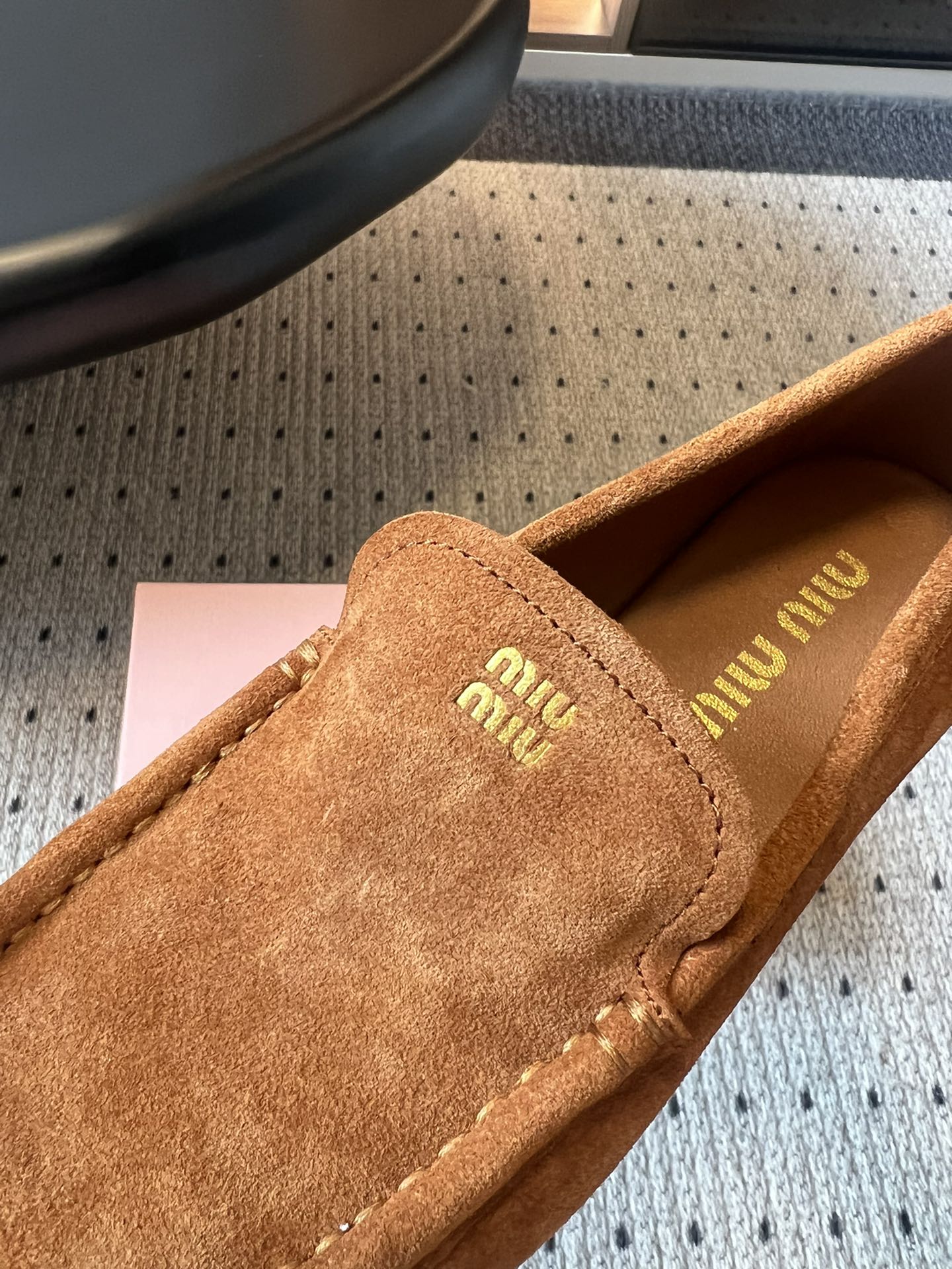 MIUMIU 26S LOAFERS IN CARAMEL BROWN SUEDE