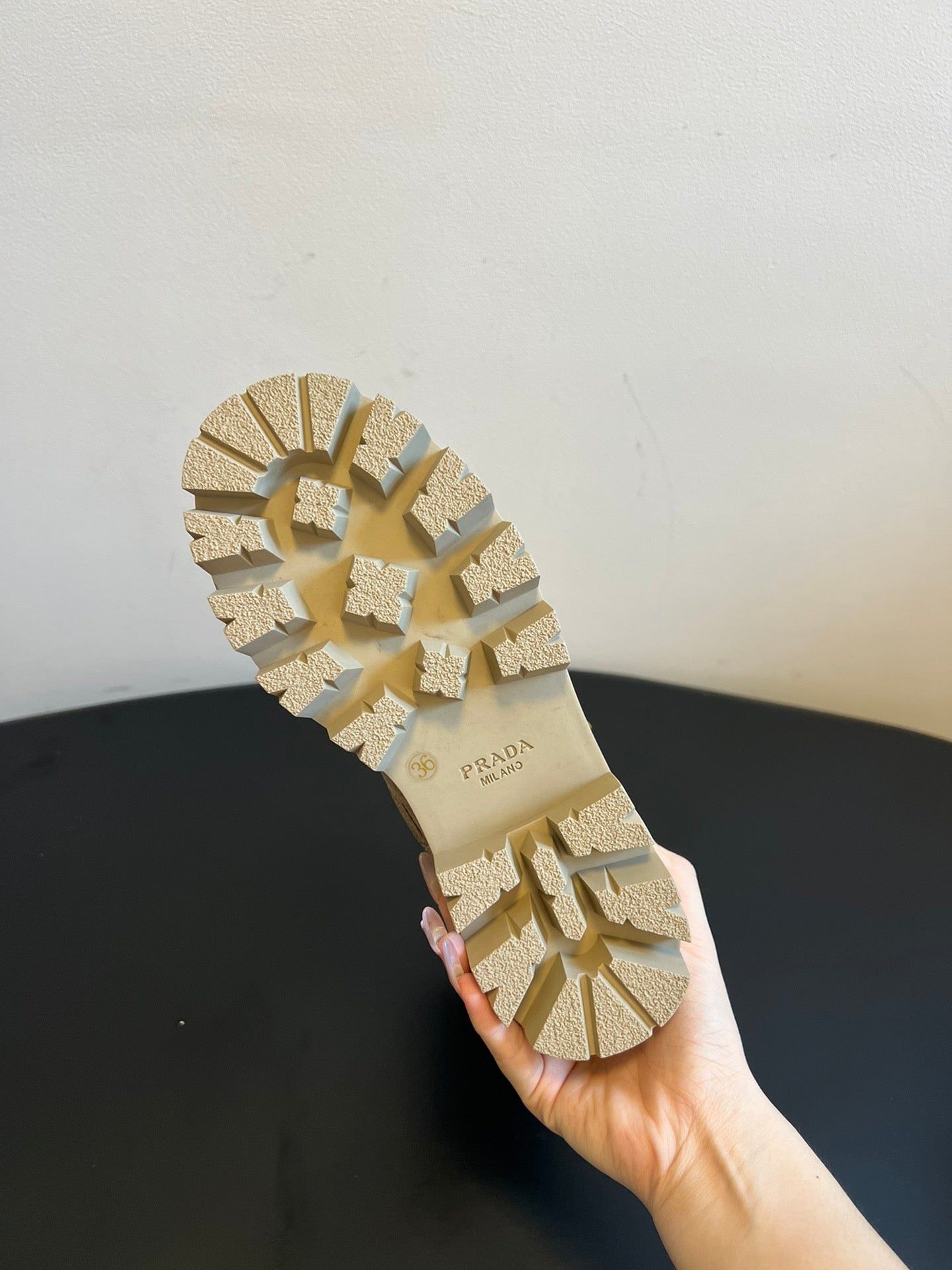 PRADA 25S PLATFORM ANKLE BOOTS IN BEIGE SUEDE WITH GOLD HARDWARE