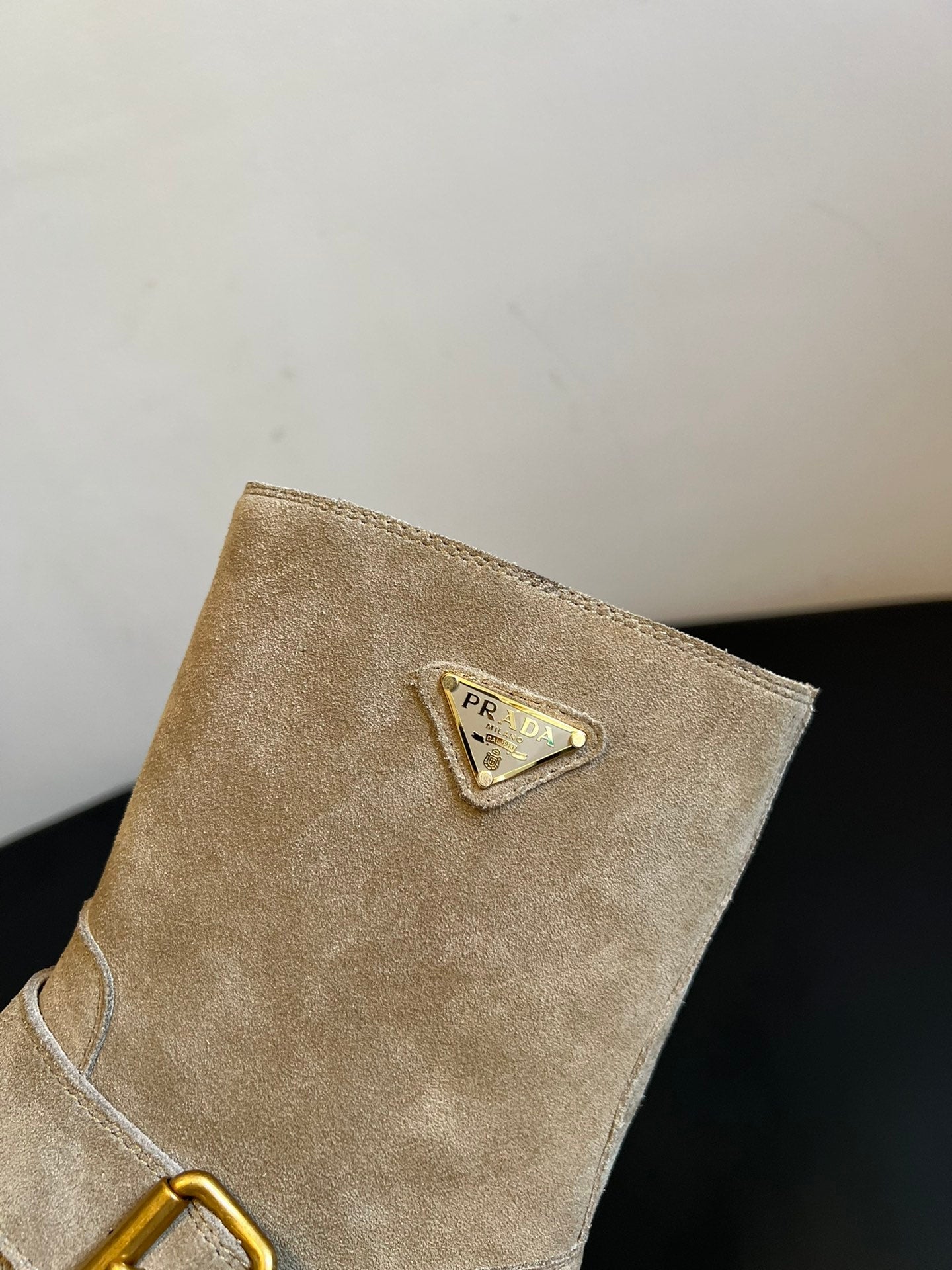 PRADA 25S PLATFORM ANKLE BOOTS IN BEIGE SUEDE WITH GOLD HARDWARE