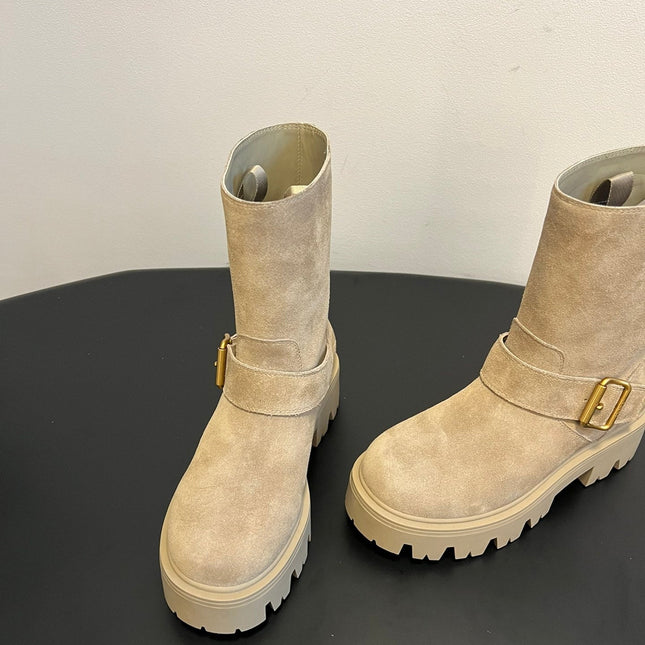 PRADA 25S PLATFORM ANKLE BOOTS IN BEIGE SUEDE WITH GOLD HARDWARE