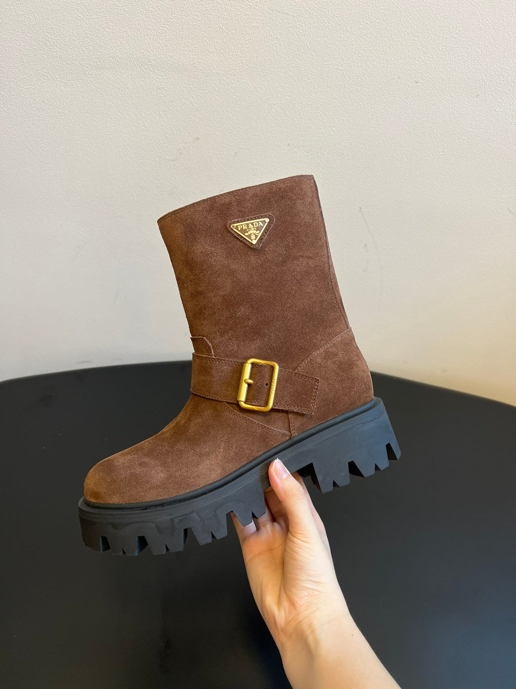 PRADA 25S PLATFORM ANKLE BOOTS IN BROWN SUEDE WITH GOLD HARDWARE