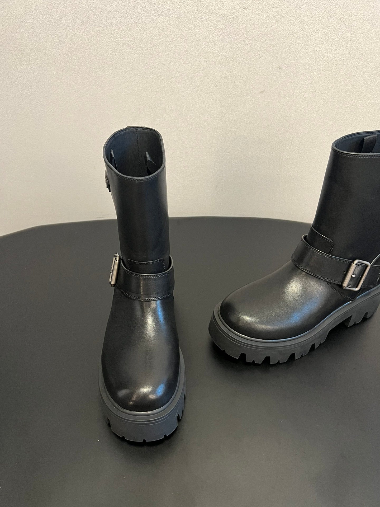 PRADA 25S PLATFORM ANKLE BOOTS IN BLACK CALFSKIN WITH SILVER HARDWARE