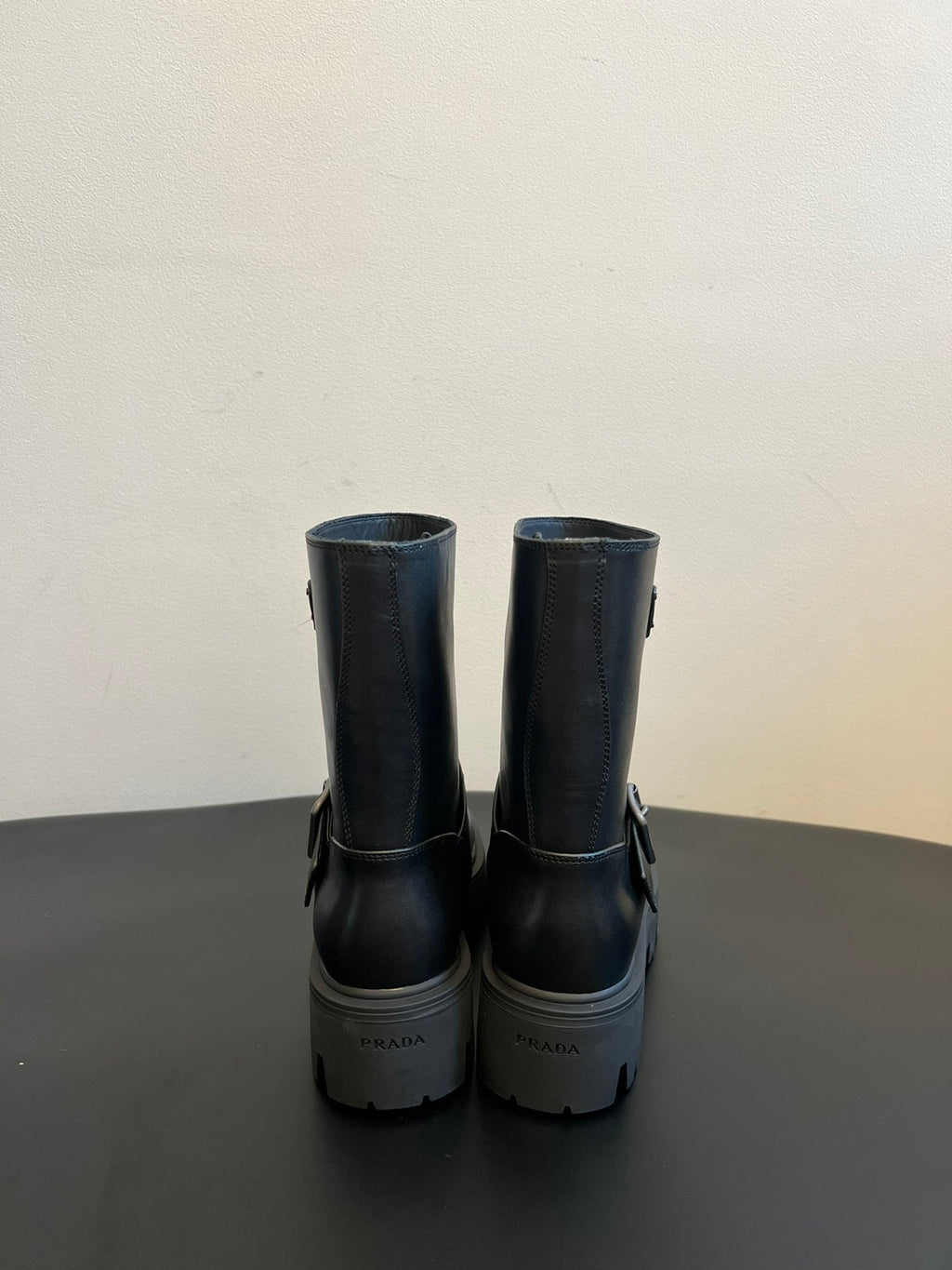 PRADA 25S PLATFORM ANKLE BOOTS IN BLACK CALFSKIN WITH SILVER HARDWARE