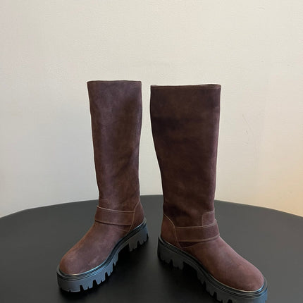 PRADA 25S HIGH-CUT PLATFORM BOOTS IN BROWN SUEDE WITH GOLD HARDWARE
