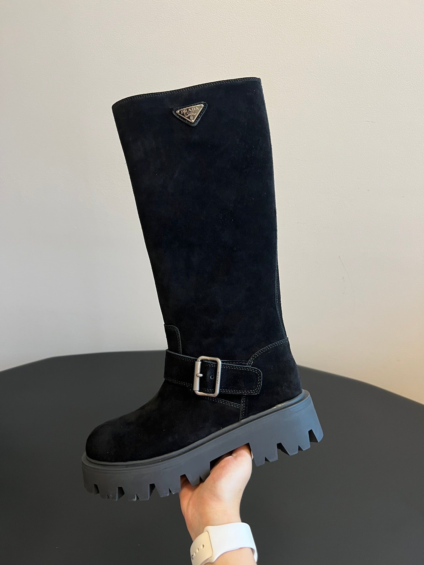 PRADA 25S HIGH-CUT PLATFORM BOOTS IN BLACK SUEDE WITH SILVER HARDWARE