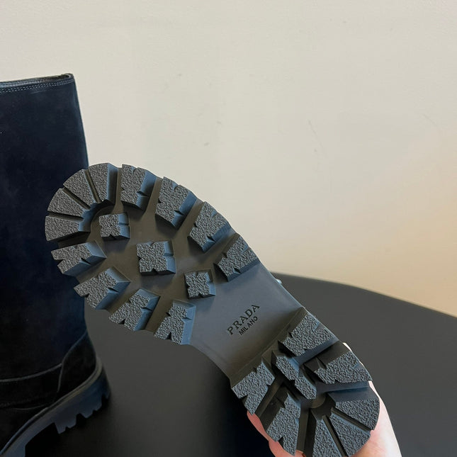 PRADA 25S HIGH-CUT PLATFORM BOOTS IN BLACK SUEDE WITH SILVER HARDWARE