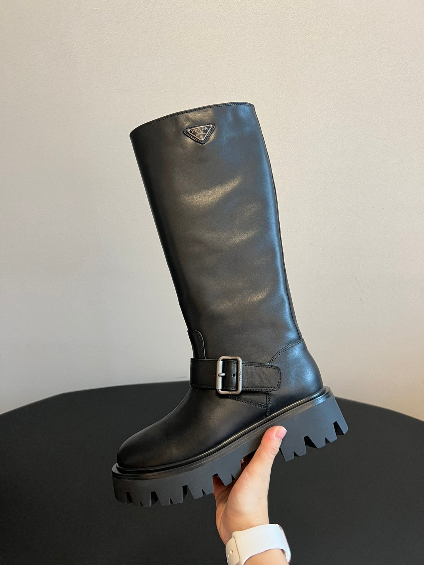 PRADA 25S HIGH-CUT PLATFORM BOOTS IN BLACK CALFSKIN WITH SILVER HARDWARE