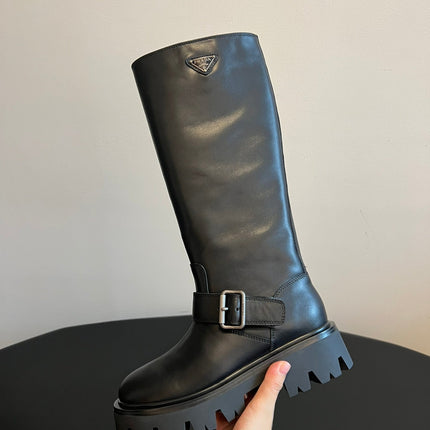 PRADA 25S HIGH-CUT PLATFORM BOOTS IN BLACK CALFSKIN WITH SILVER HARDWARE