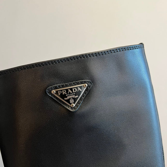 PRADA 25S HIGH-CUT PLATFORM BOOTS IN BLACK CALFSKIN WITH SILVER HARDWARE
