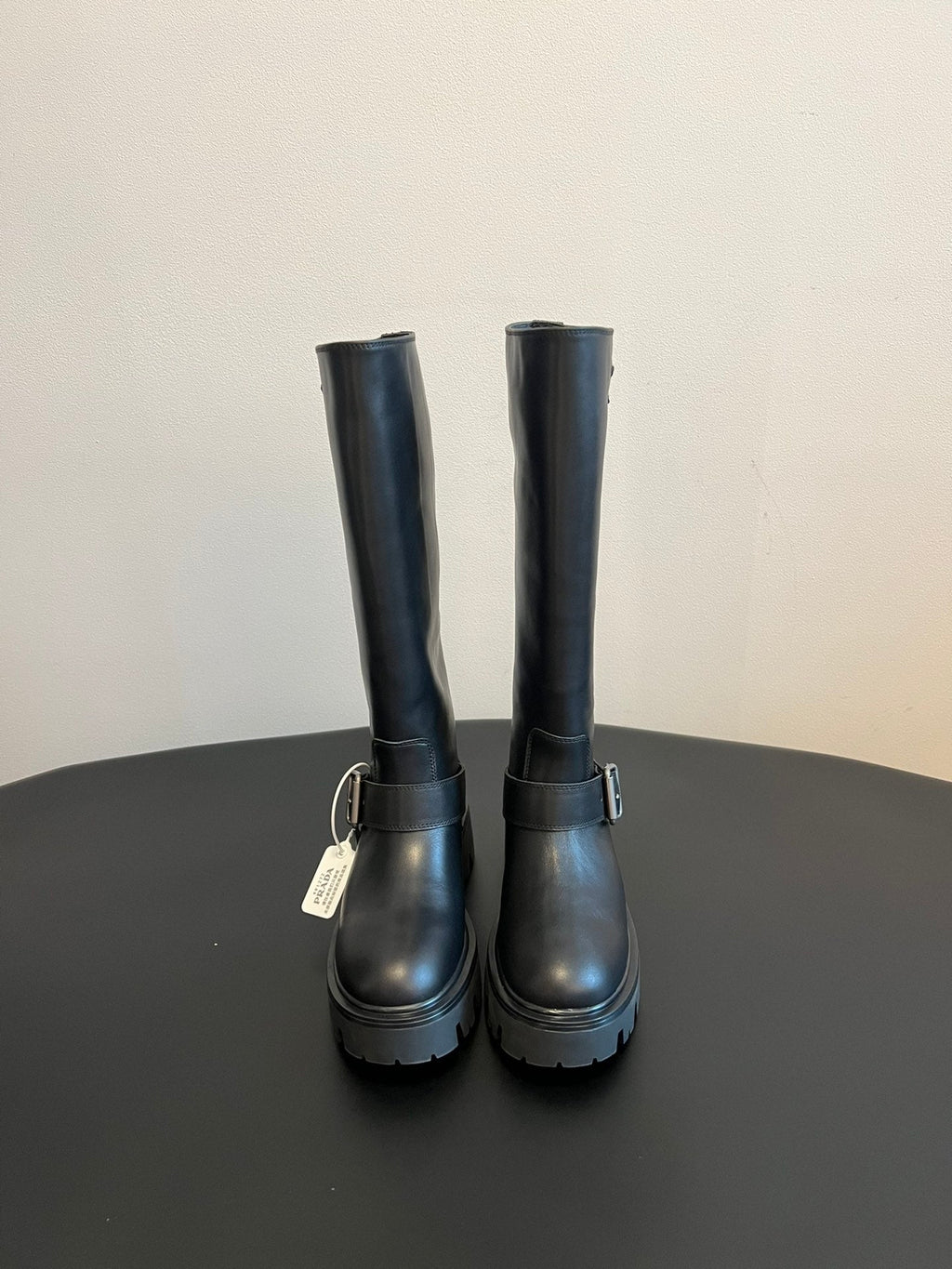 PRADA 25S HIGH-CUT PLATFORM BOOTS IN BLACK CALFSKIN WITH SILVER HARDWARE