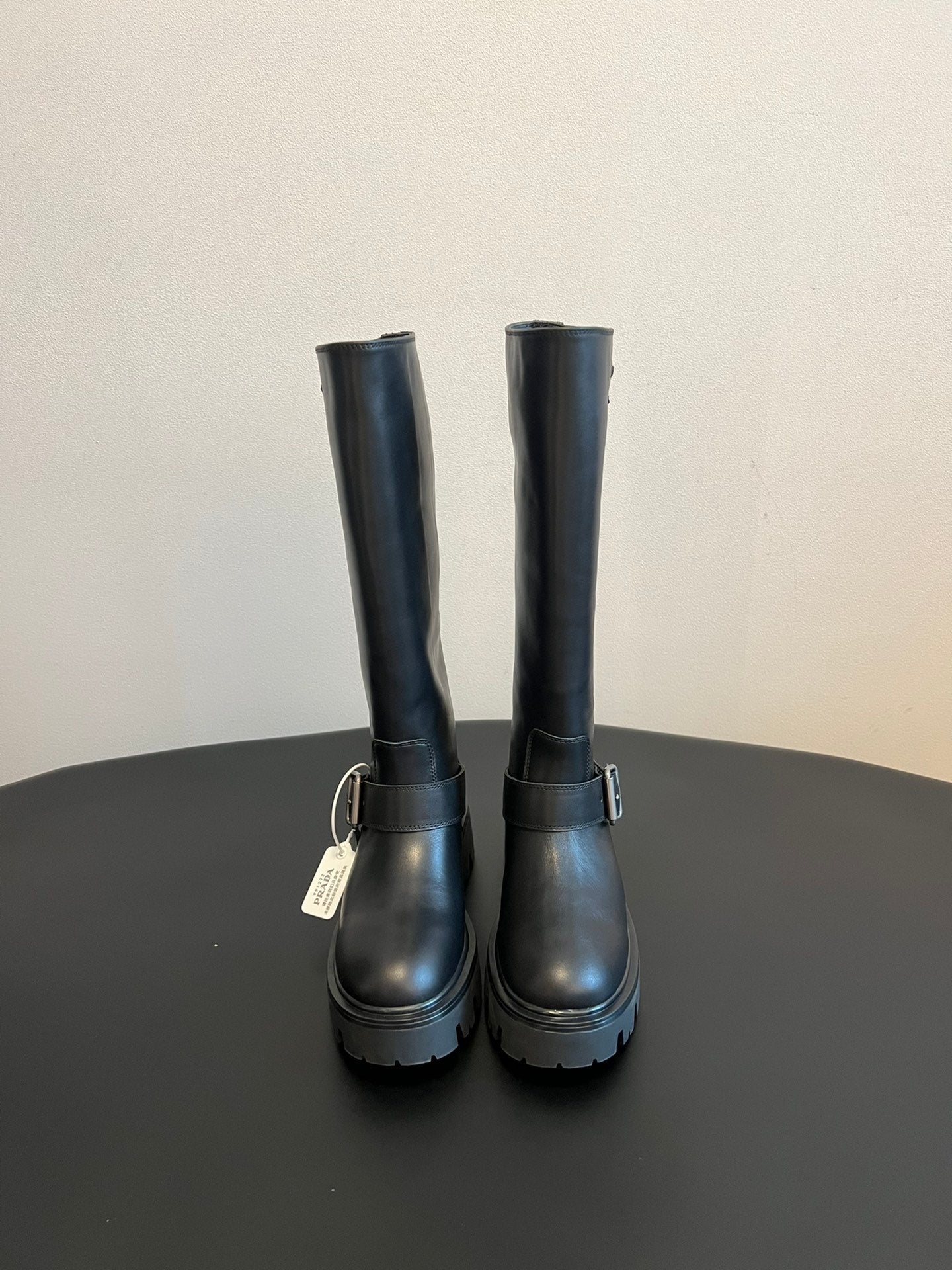 PRADA 25S HIGH-CUT PLATFORM BOOTS IN BLACK CALFSKIN WITH SILVER HARDWARE