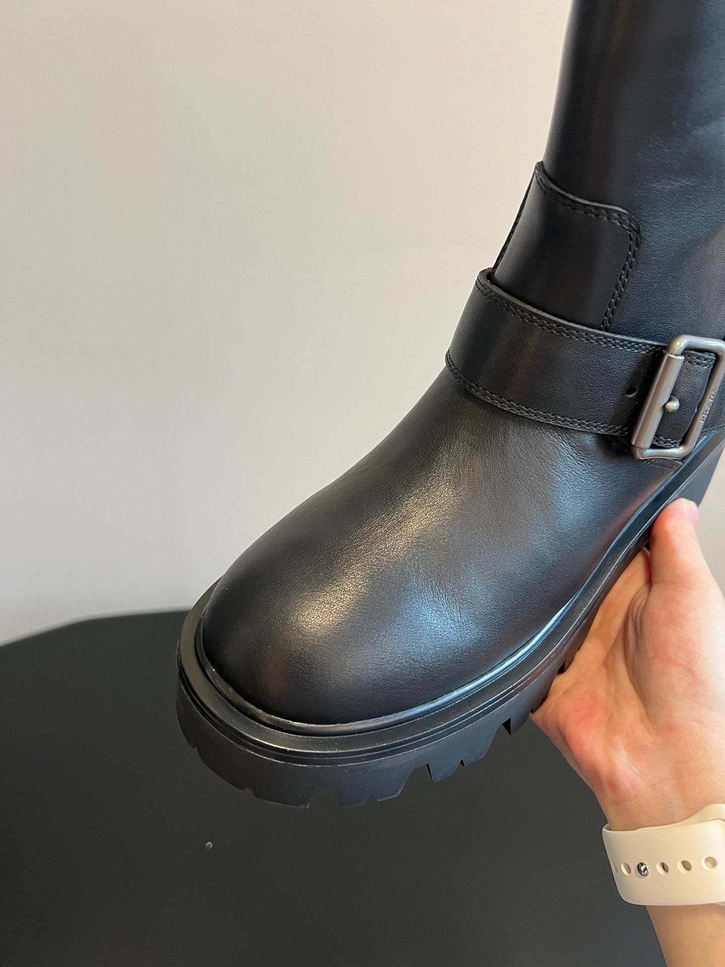 PRADA 25S HIGH-CUT PLATFORM BOOTS IN BLACK CALFSKIN WITH SILVER HARDWARE