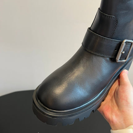 PRADA 25S HIGH-CUT PLATFORM BOOTS IN BLACK CALFSKIN WITH SILVER HARDWARE