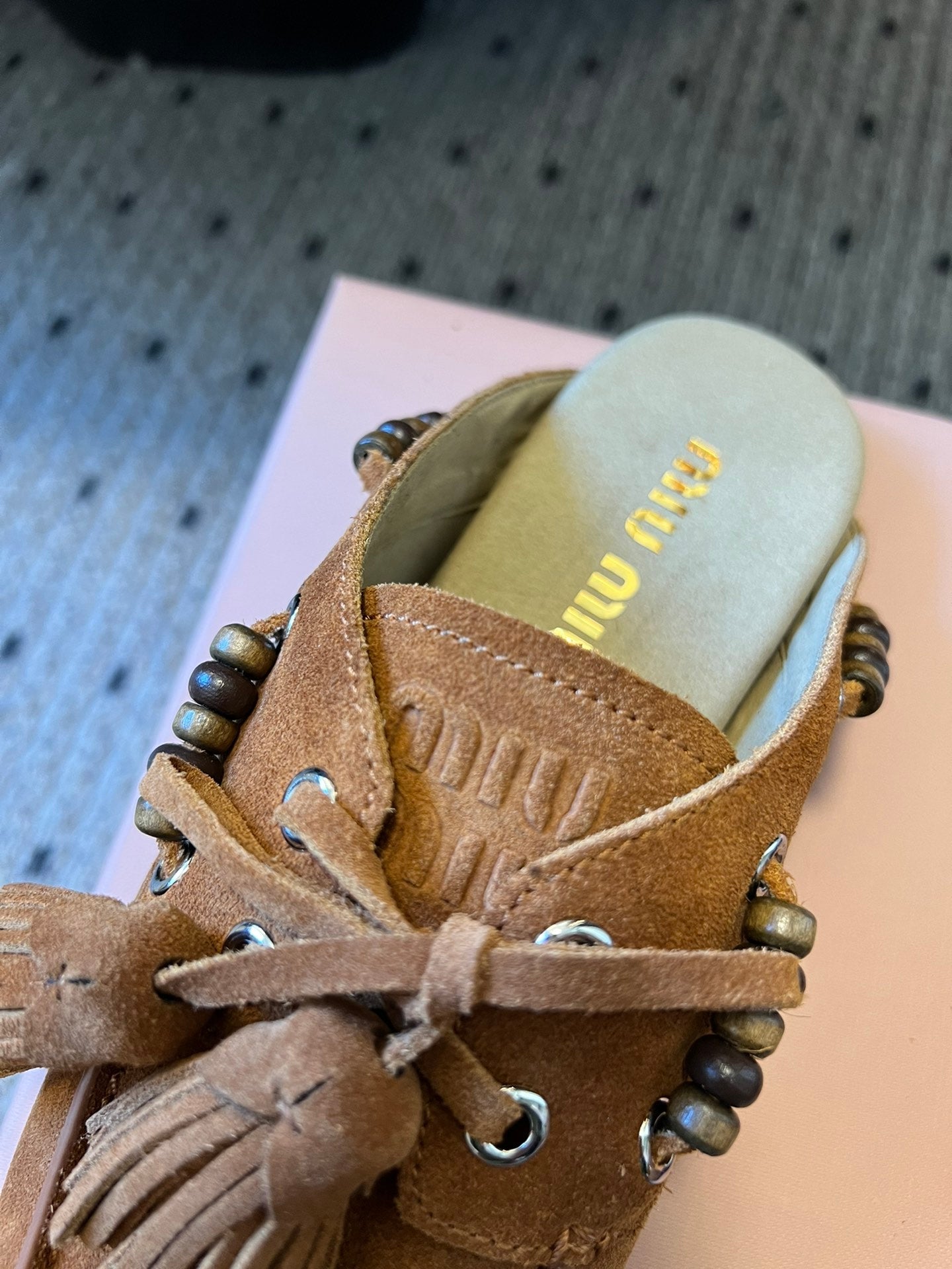MIUMIU 26S MULES IN CARAMEL BROWN SUEDE
