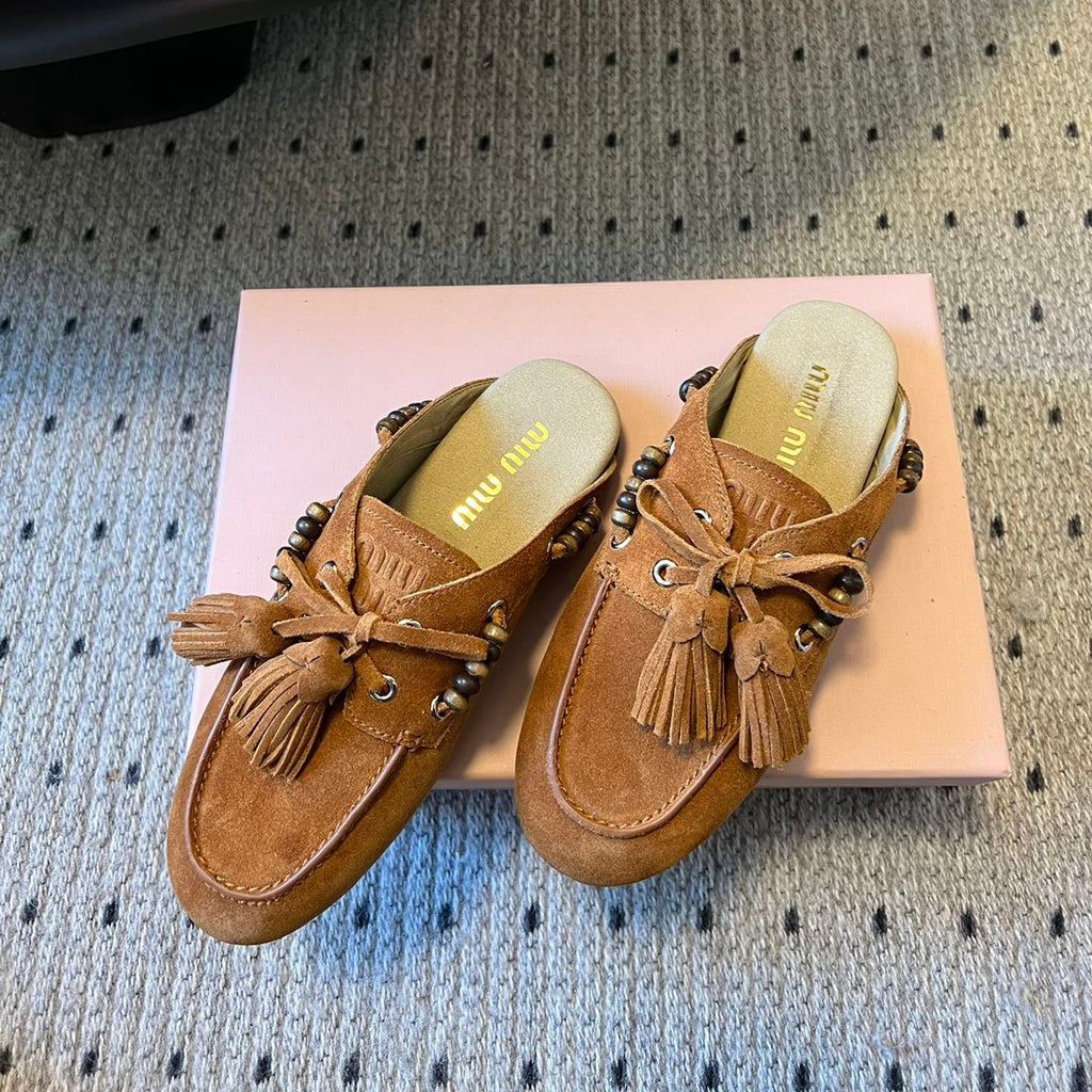 MIUMIU 26S MULES IN CARAMEL BROWN SUEDE