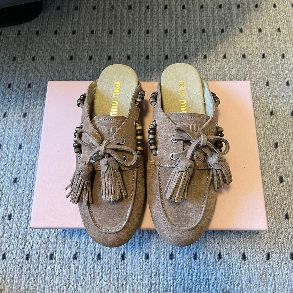 MIUMIU 26S MULES IN TAUPE BROWN SUEDE